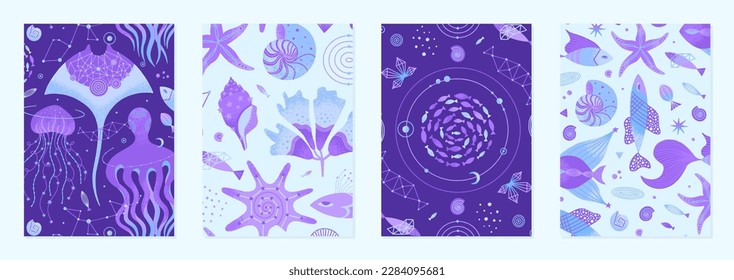 Set of vector illustrations of cosmic underwater creatures. Marine life decorated with constellations, stars, planets. Magic space sea designs for posters, notebook covers. Purple colors