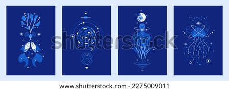 Set of vector illustrations of cosmic underwater creatures. Marine life decorated with constellations, stars, planets. Magic space sea designs for posters, notebook covers. Blue colors