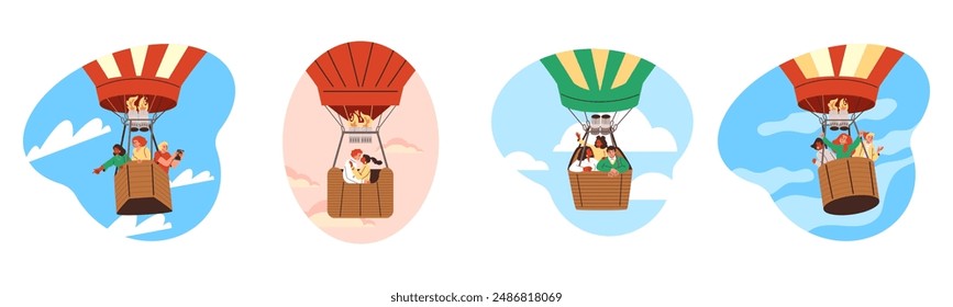 Un conjunto de Ilustraciones vectoriales con una pareja enamorada, un grupo de amigos disfrutando de un vuelo en globo aerostático en el cielo. Ideal para la publicidad de viajes inusuales