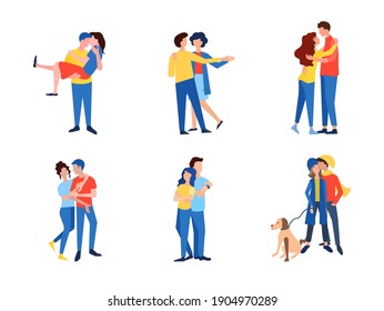 A set of vector illustrations of couples in love dancing, hugging, chatting in a relaxed atmosphere. Can be used for web page design, social media, mobile application content