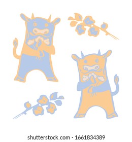 Set of vector illustrations of cows and flowers. Light brown and light blue colors. Hand drawn. On white background.