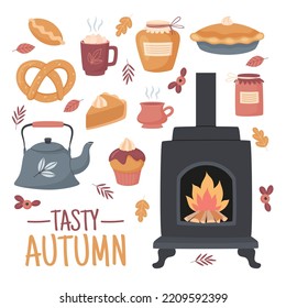 Set of vector illustrations of cozy autumn elements isolated on white background. Seasonal food