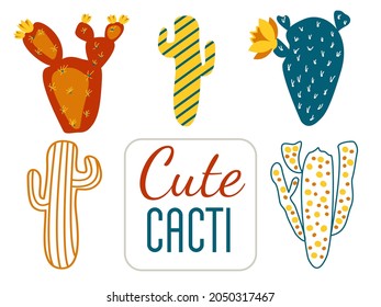 Set of vector illustrations of creative cute cacti. Vector hand-drawn cacti for design. Modern design for the fabric.