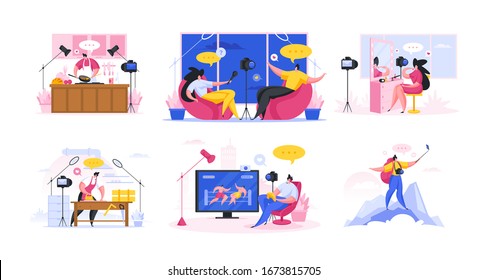 Set of vector illustrations with creative men and women recording videos covering different areas of interest for blogs in modern online space. Flat cartoon people vector illustration