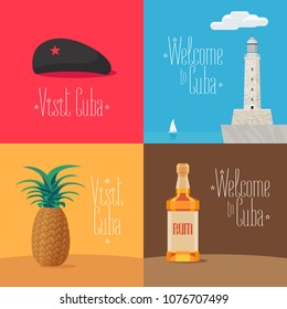 Set of vector illustrations with Cuban symbols and landmarks - Morro Castle, Che Guevara cap, rum. Design elements for visit Cuba concept 