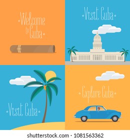 Set of vector illustrations with Cuban symbols and landmarks - El Capitolio, retro car, beach, cigar. Design elements for visit Cuba concept 