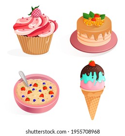 Set of vector illustrations of cupcake with raspberries, birthday cake with strawberries and orange, oatmeal with berries, ice cream with strawberries. Collection of sweet dessert elements. 2D