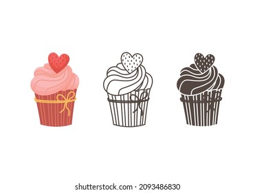 A set of vector illustrations of cupcakes with cream and a heart for decoration. Illustration for Valentine's Day in outlines, flat and simple style.