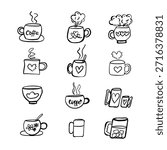 Set of vector illustrations of cups of coffee or tea. Cute doodle icons
