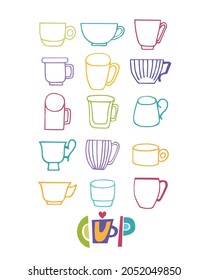 Set of vector illustrations of cups and mugs. Isolated on white background. Illustration for restaurant menu, wrapping paper, post cards, advertising, packaging.