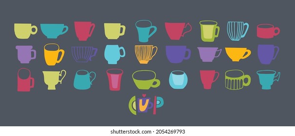 Set of vector illustrations of cups and mugs. Isolated on gray background. Illustration for restaurant menu, wrapping paper, post cards, advertising, packaging.