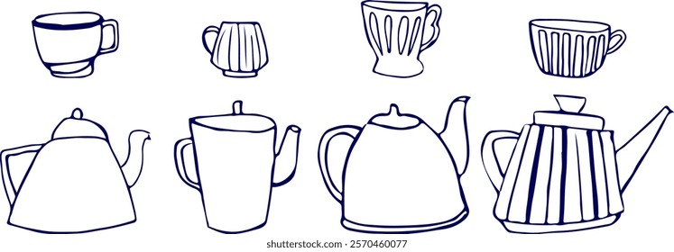 Set of Vector illustrations of cups and teapots