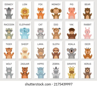 Set of vector illustrations with cute animals for kids. Educational cards for preschool children.