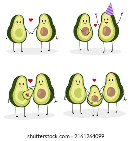 A set of vector illustrations with cute avocados in the process of creating a family. Avocados in love, pregnancy, baby birth, avocado family