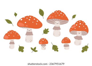 Set of vector illustrations of cute characters of fly agaric mushrooms and leaves. Isolated on white background