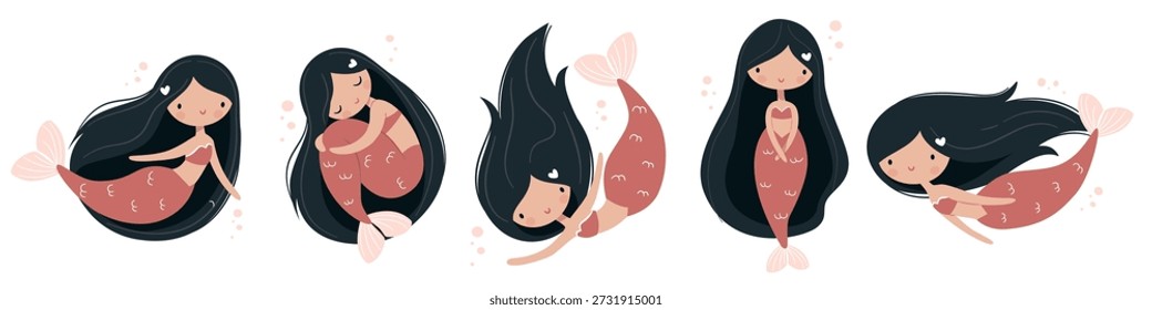 A set of vector illustrations in a cute children's style. Cute mermaids with long hair in different poses.