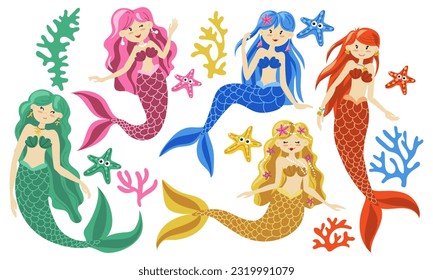 Un conjunto de ilustraciones vectoriales de sirenas adorables y coloridas con pelo colorido y otros elementos submarinos. Ilustración de dibujos animados de peces con elementos del mundo submarino