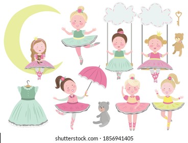 Set of vector illustrations cute dancing little ballerinas. Princess is sitting on the moon. Cute teddy bears, princess dress. 