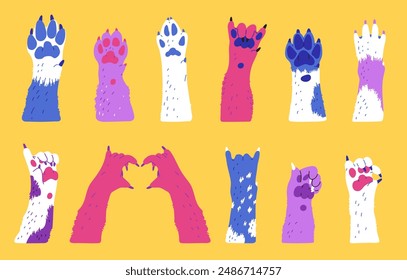 Conjunto de Ilustraciones vectoriales con lindas patas de perro que muestran diferentes gestos. Pata de mascota multicolor levantada. Iconos de garra de perro en estilo plano ideal para Elementos de diseño sobre fondo amarillo aislado.