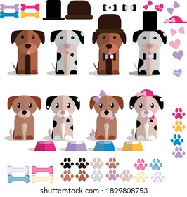 Set of vector illustrations with cute dogs in hats. A set of different pieces for a cute pattern.