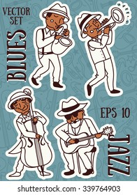 set of vector illustrations: cute doodle musicians in 1920's style, jazz or blues music band