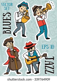 set of vector illustrations: cute doodle musicians in 1920's style, jazz or blues music band