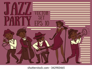 set of vector illustrations: cute doodle musicians in 1920's style, jazz or blues music band