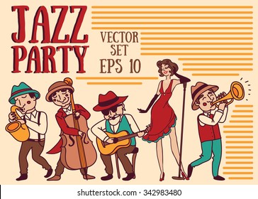 set of vector illustrations: cute doodle musicians in 1920's style, jazz or blues music band