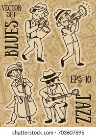 set of vector illustrations: cute doodle musicians in 1920's style, jazz or blues music band