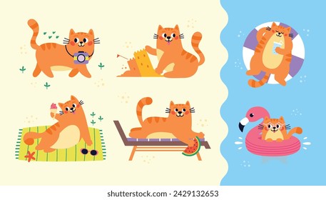 Conjunto de ilustraciones vectoriales con lindos gatos rojos divertidos en la playa. Personajes de gato feliz con toalla, círculo de natación, flamenco, tiburón, castillo de arena, cámara, gafas de sol, cócteles, chaise longue.