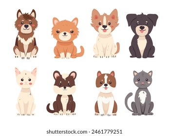 Set of vector illustrations of cute and funny pets in flat style. Various breeds of dogs and cats in a sitting position, isolated on a white background. Pets