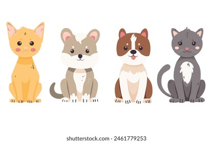 Set of vector illustrations of cute and funny pets in flat style. Various breeds of dogs and cats in a sitting position, isolated on a white background. Pets