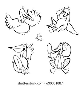 Set of vector illustrations of cute and funny pictures, black and white sketch. Four funny Pelican and little chick. 