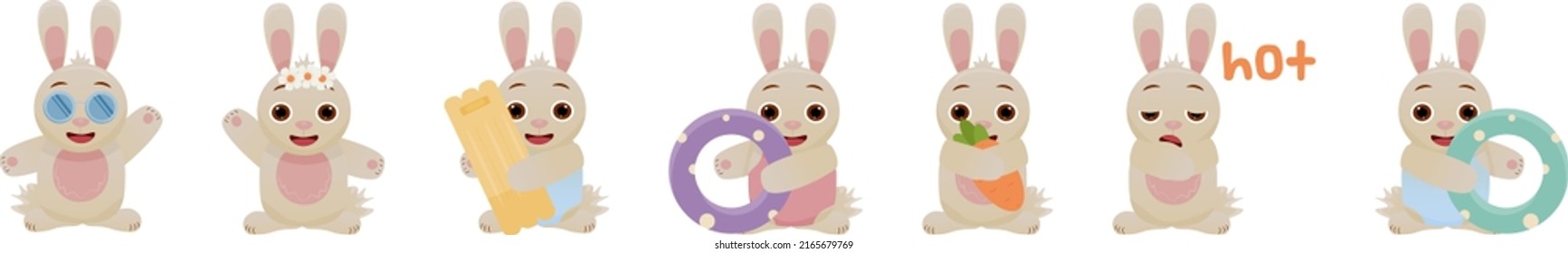Set of vector illustrations of cute hares , rabbits.
Summer set with cute bunnies , rabbits. Isolated on white background. childrens cute animal set