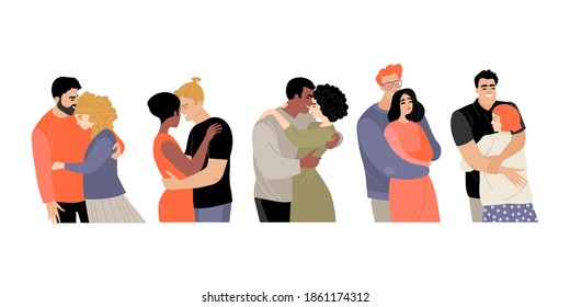 Set of vector illustrations of cute hugging couples. Image for Valentine's Day. Young men and women isolated on white background.