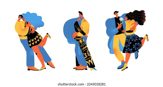 Set of vector illustrations of cute hugging couples. Valentine's day concept. Isolated cartoon images in flat style