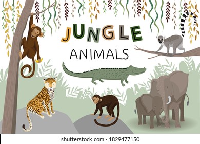 Set of vector illustrations. Cute jungle animals and plants. Cute elephant, monkey, leopard, crocodile and lemur. EPS 10