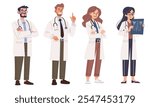 Set of vector illustrations. Cute kind doctors, women and men, on white background. 