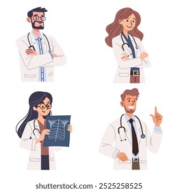 Conjunto de ilustrações vetoriais. Médicos bonitos, mulheres e homens, sobre fundo branco. 