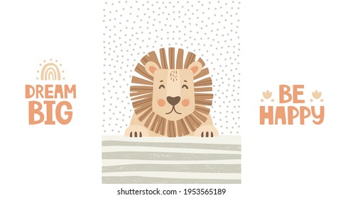 Set of vector illustrations. Cute lion on a textured background. Strip and dot. Handwritten lettering and decorative elements. Dream big and be happy lettering. Postcard, poster in Scandinavian style.