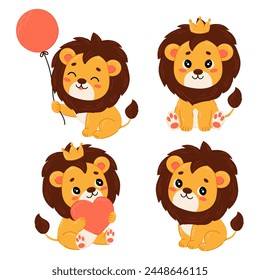 Conjunto de Ilustraciones vectoriales de un león lindo. León con una bola, en una corona, con un corazón en un estilo plano. Impresión de los niños.