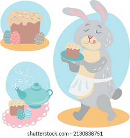 A set of vector illustrations: a cute little rabbit carries an Easter cake, a teapot with tea and an Easter cake, Easter eggs.