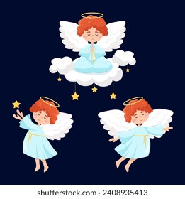 Set of vector illustrations of cute little angels with wings and nimbus in flat style. Cartoon angel.
