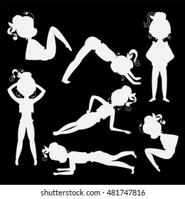 Set of vector illustrations. Cute little girl silhouette with curly hair, wave. Isolated object, black and white colors. Perfect for sticker, pattern, elements for decor or design
