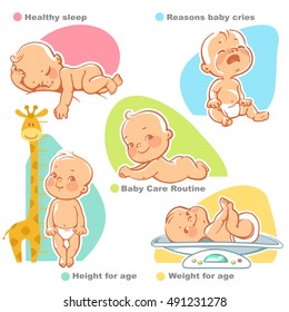 Set of vector illustrations with cute little babies. Sleeping baby, crying baby, happy baby,  newborn lying on stomach, baby on scales, baby near growth meter. Baby growth and care design template.