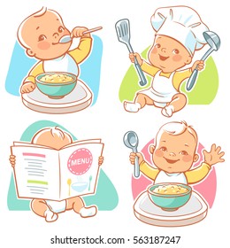 Set of vector illustrations with cute little babies. Toddler eating porridge, boy sit at table, kid in diaper reading menu, happy child wearing cook hat. Healthy food emblem. Vector illustration