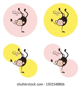 Set of vector illustrations with a cute monkey. Vector illustration of a child’s room. Template for posters, children's textiles, notebooks, mugs and other uses.