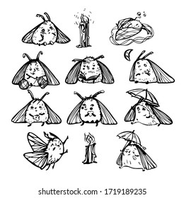 Un conjunto de ilustraciones vectoriales con polillas lindas: triste y divertido bajo un paraguas, con una vela, con burbujas de jabón, con un corazón, con una flor, mirando la luna, leyendo, tejiendo.