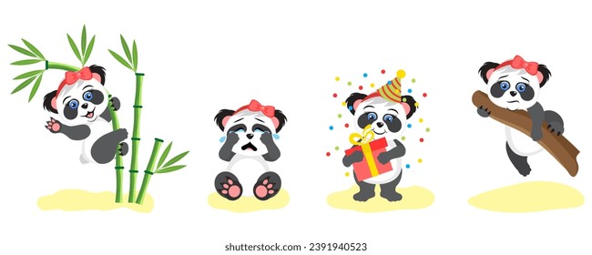 Set of vector illustrations of cute panda bear girls. Asian rainforest animal on a tree branch. Adorable wild jungle mammal with a gift. Cartoon character crying, climbing a tree