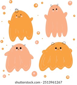 A set of vector illustrations of cute pumpkin-like ghosts. A fun autumn Halloween party for kids. The stickers are orange with funny bubbles.